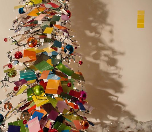 A DIY Christmas Tree Made םf Paint Samples