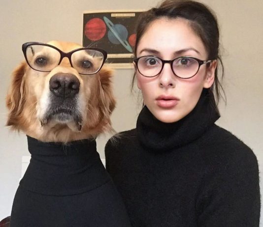 Photographer Poses with Her Golden Retriever, Hugo