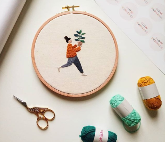 Artist Embroiders Shiny Happy People Holding Plants