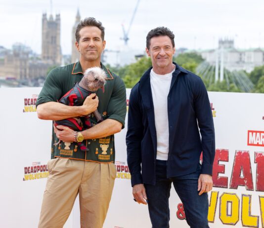 Quirky Puppy Dogpool Steals the Show From the “Deadpool & Wolverine” Cast Peggy, aka, "Dogpool", Ryan Reynolds, and Hugh Jackman at the UK Photocall of Marvel Studios' "Deadpool & Wolverine" in July 2024