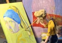 Artist Paints Celebrity Portraits and Famous Artworks Using a Marionette