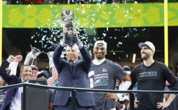 Super Bowl LIX: 5 Viral Moments That Stole the Show Philadelphia Eagles owner Jeffrey Lurie is presented the Vince Lombardi Trophy as quarterback Jalen Hurts and head coach Nick Sirianni look on during celebrations after the Eagles defeated the Chiefs 40-22 in Super Bowl LIX at Caesars Superdome in New Orleans on Sunday, February 9, 2025